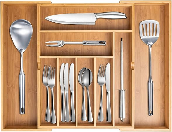 Cutlery Drawer Organizer, Expandable Bamboo Cutlery Tray, Drawer Dividers Organizer for Utensils ... | Amazon (US)