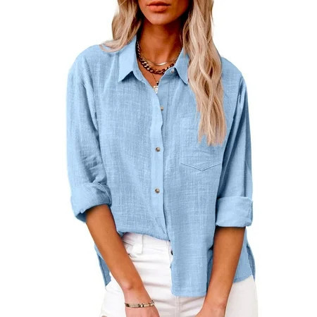 FAVIPT Womens Cotton Linen Button Down Shirt 2025 Fall Casual Long Sleeve Solid Color Blouse Loose Work Tops with Pockets Light Blue M | Walmart (US)
