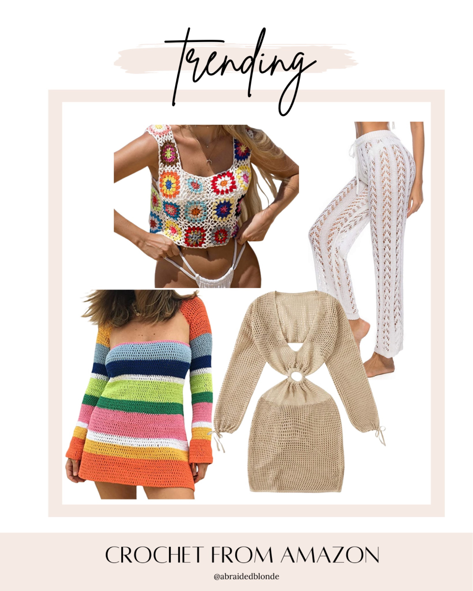 Crochet is TRENDING!! Crochet pants, tops, dresses, and coverups from amazon!! 

#crochet #trending #swimsuits #amazonfinds #beachfit #springbreak #springstyle 

#LTKtravel #LTKswim #LTKunder50