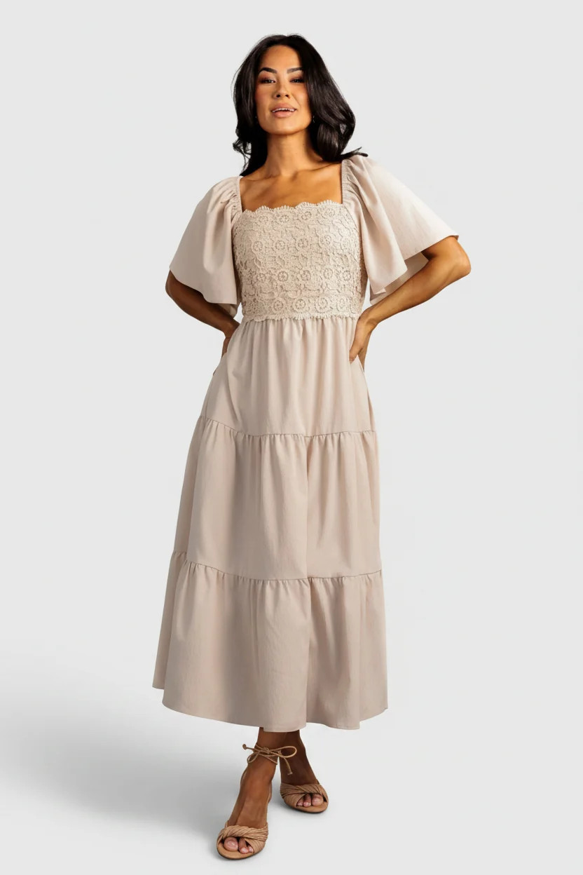 Fauna Lace Top Midi Dress in Natural Taupe | Baltic Born | Baltic Born
