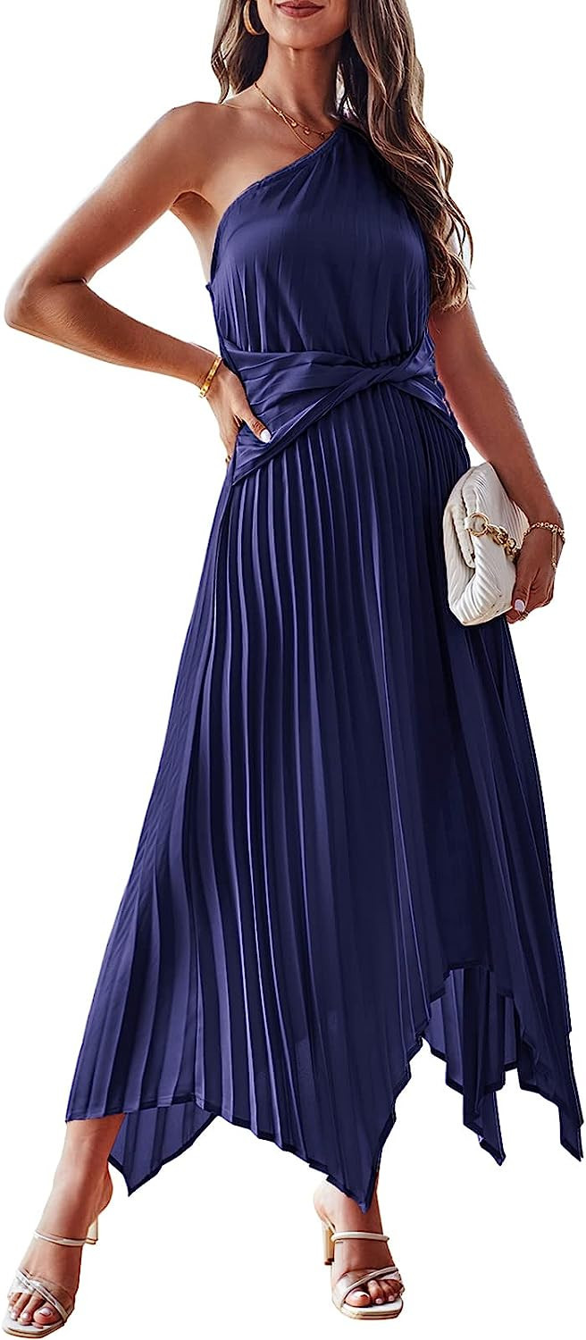 STYLEWORD Womens 2023 One Shoulder Satin Dresses Formal Semi Wrap Flowy Wedding Guest Cocktail Mi... | Amazon (US)