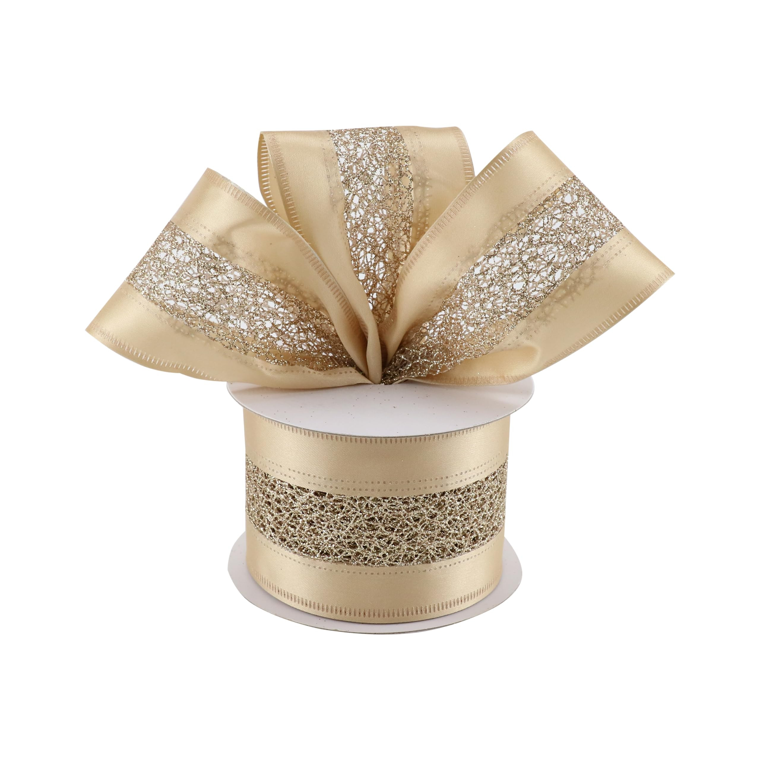 Champagne Gold Christmas Ribbon 2.5" x 10 Yard Wired Satin With Glitter Mesh for Tree Topper Bows... | Amazon (US)