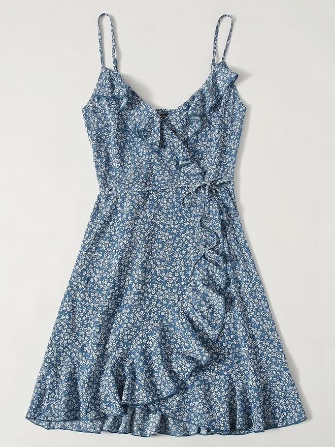 Summer Dresses for Women Ruffle Trim Wrap Tie Side Floral Slip Dress for Beach Party Casual | Amazon (US)