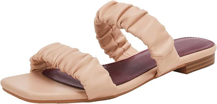 Women's Square Open Toe Flat Sandals Two Ruched Leather Strap Slide Sandal | Amazon (US)