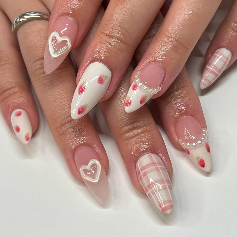 24Pcs Valentine's Day Press on Nails Almond French Tip Fake Nails White Heart Pearls Designs Fals... | Amazon (US)