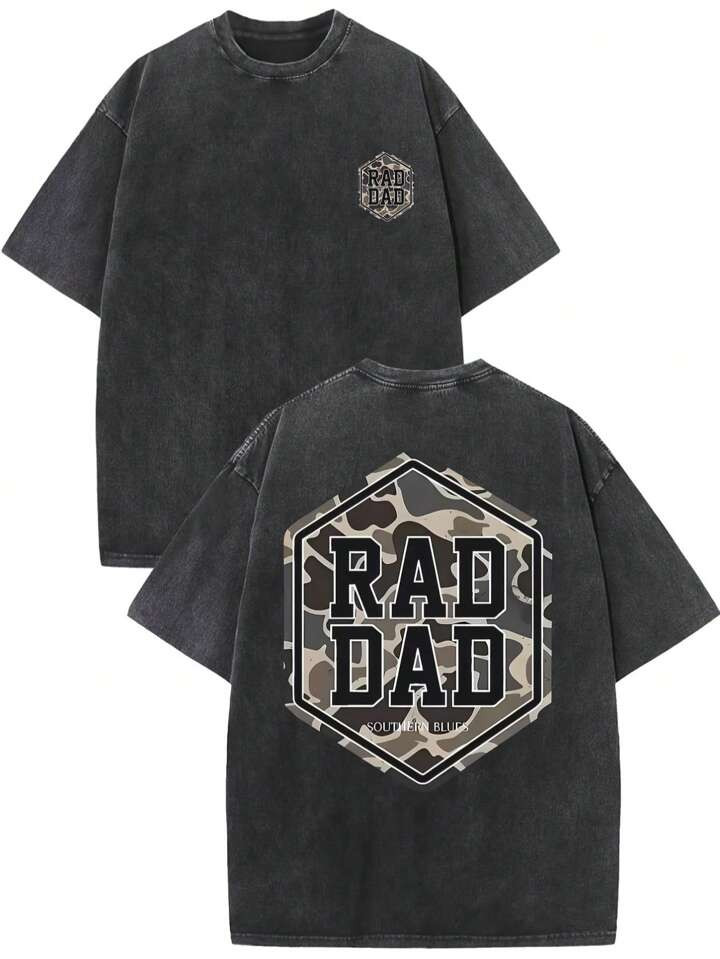 Shwiy Men's Vintage "Rad Dad" Graphic Tee - 100% Cotton, Double-Sided Print With Camo Detail, Dro... | SHEIN