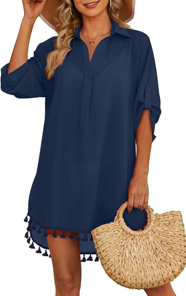 Yincro Women Swimsuit Cover Up Shirt 2026 Tassel Beach Bathing Suit for Swimwear Bikini Dress(Bla... | Amazon (US)