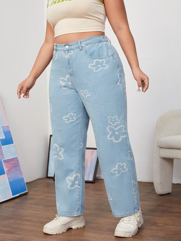 SHEIN Plus High Waist Floral Print Jeans | SHEIN