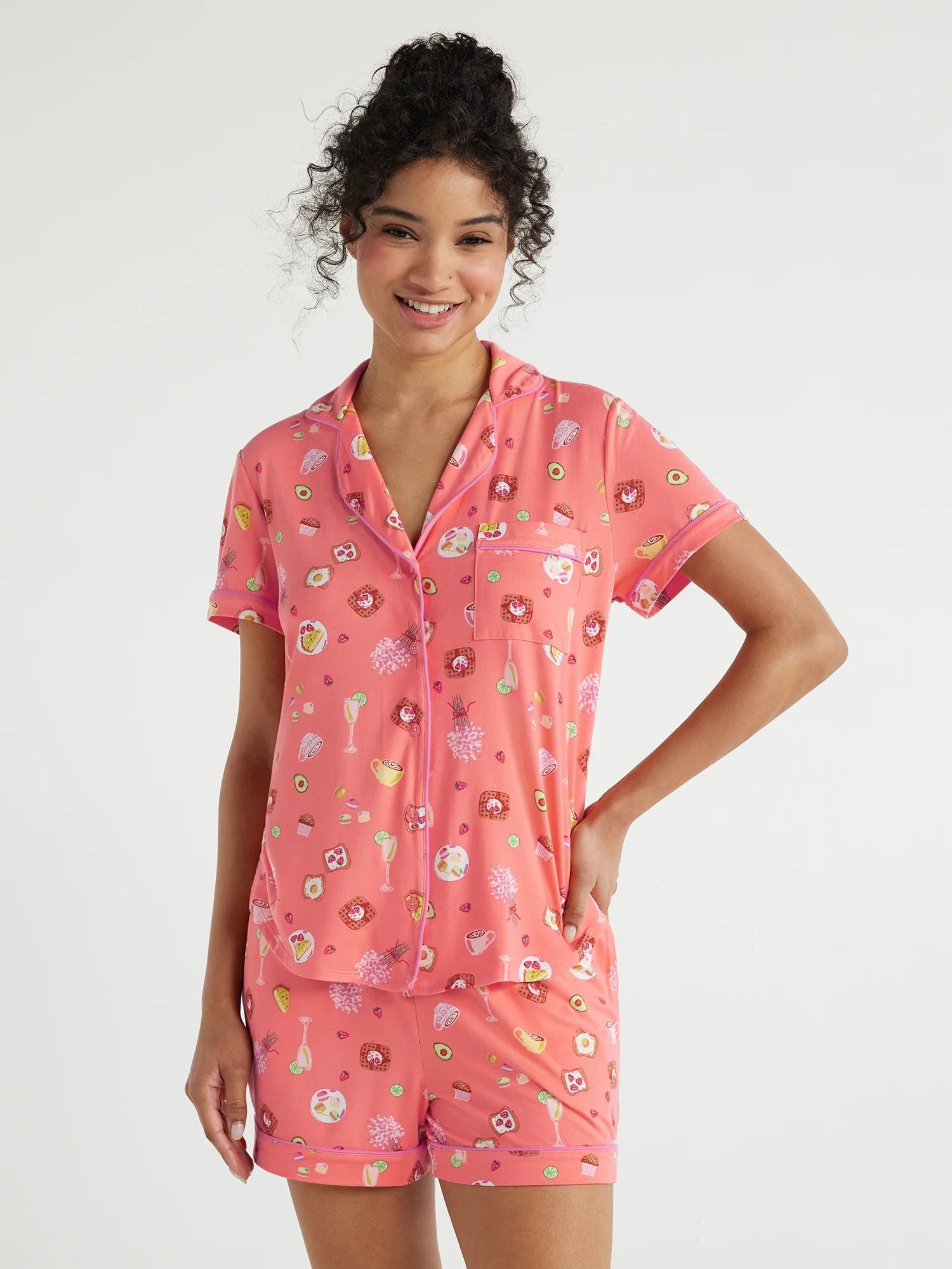 Joyspun Women's Knit Notch Collar Top and Shorts Pajama Set, 2-Piece, Sizes S to 3X - Walmart.com | Walmart (US)