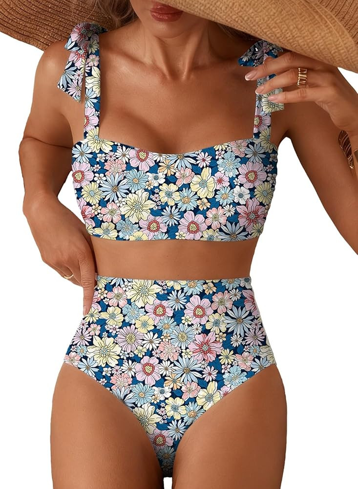Women's Tie Shoulder Bikini Sets 2 Piece Striped Swimsuits High Waisted Bathing Suits | Amazon (US)
