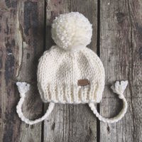 Cream Chunky Knit Baby Hat With Pom-Pom & Ties | Etsy (US)