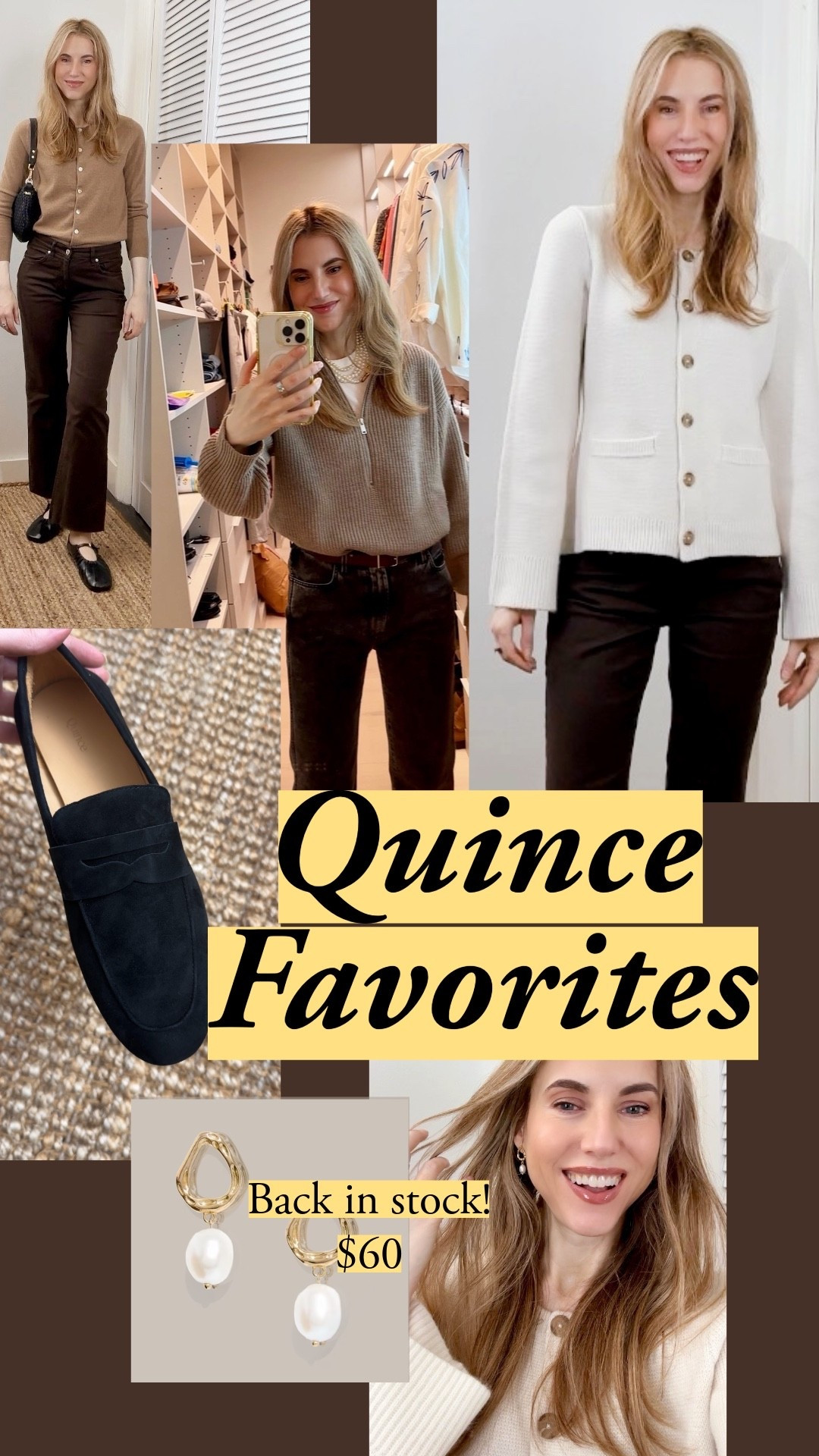 My current favorites from Quince! All are true to size - I’m wearing size small. I did size down for the oversized cashmere fisherman turtleneck, and the $80 cardigan’s sleeves are a bit short on me so I scrunch them up. I’m 5’7”. The loafers are incredibly comfortable, as are the sandals 🏆 cashmere cardigan, structured cardigan, ponte pants, suede loafers, layering puffer, pearl earrings, modern classical style, quiet luxury, investment pieces under $200, winter work wardrobe, my favorites 

#LTKFindsUnder100 #LTKWorkwear #LTKootd