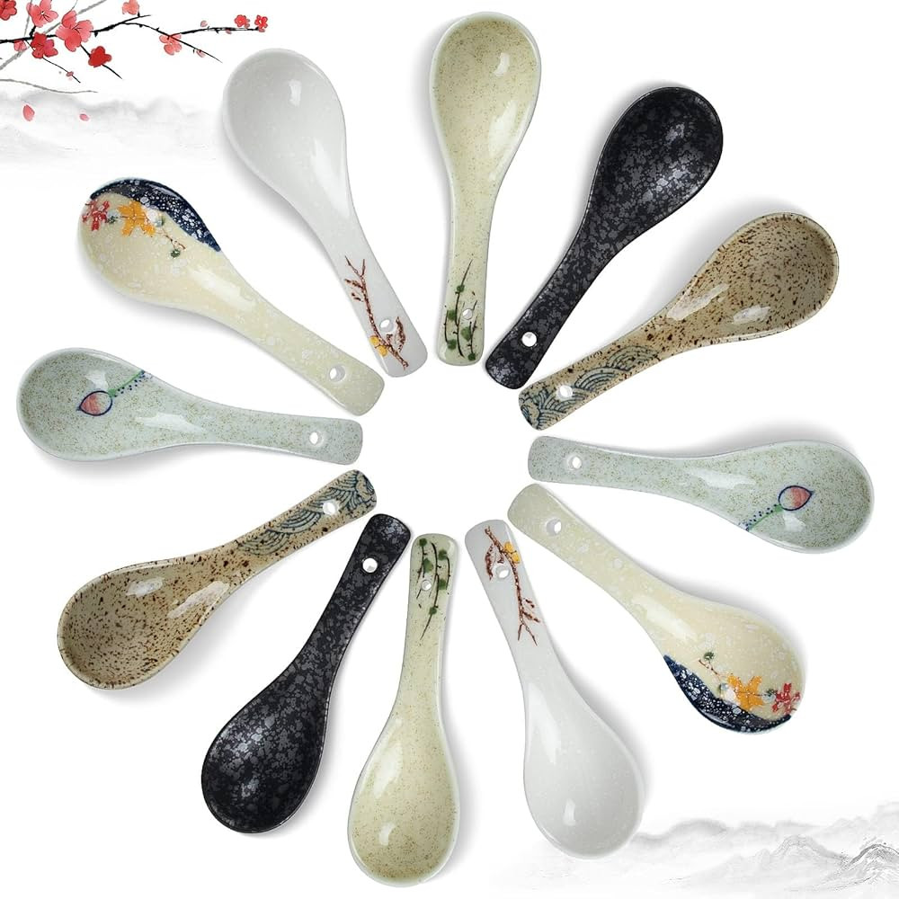 12 Pieces Japanese Retro Ceramics Soup Spoons Japanese Style Rice Spoon Flatware Asian Chinese Se... | Amazon (US)