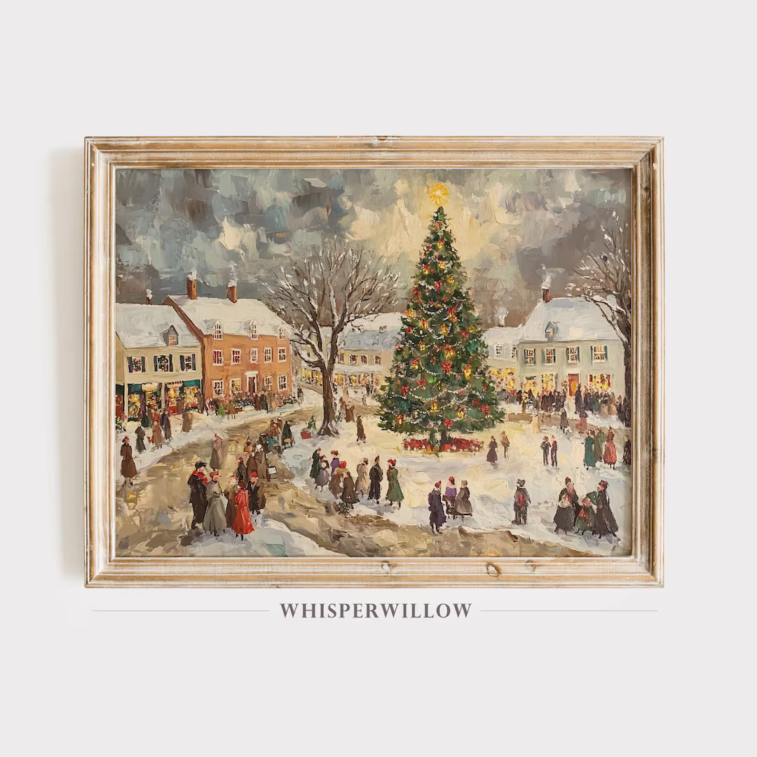 Vintage Winter Village Scene With Christmas Tree and Festive Crowd Painting, Digital Printable Do... | Etsy (US)