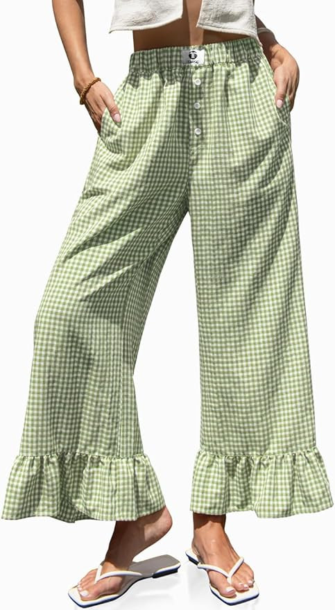 TARSE Women’s Plaid Wide Leg Pants Flared Leg Baggy Drawstring Ruffle Palazzo Pants with Pocket... | Amazon (US)