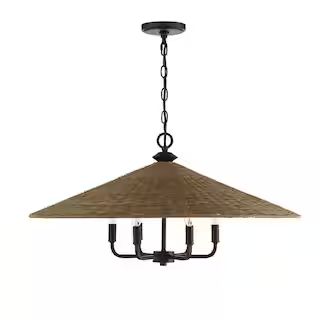 Savoy House Eman 30 in. W x 14.63 in. H 6-Light Matte Black with Dark Rattan Shaded Pendant Light... | The Home Depot