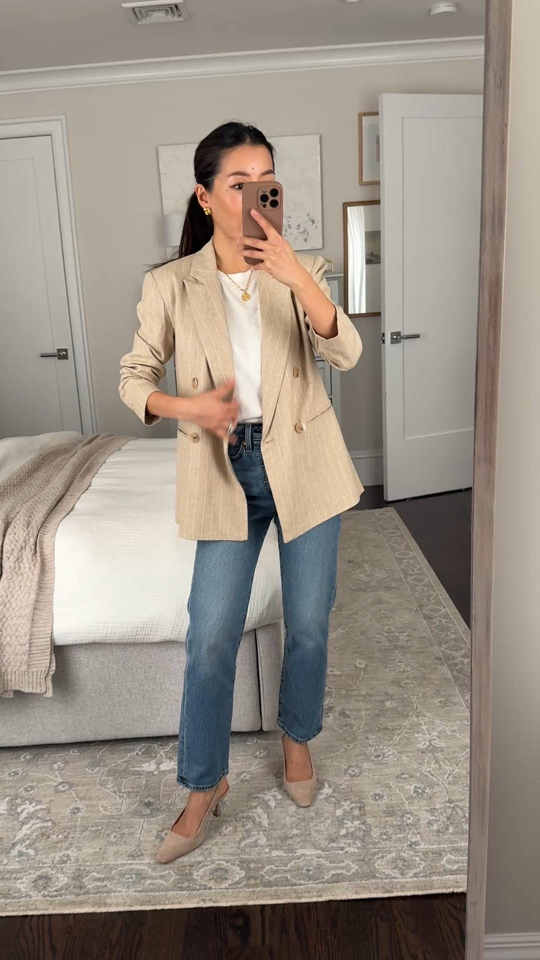 Timeless combo: boyfriend blazer with jeans and slingbscks 

• Rue Oversized linen blend Blazer xxs petite, TTS, relaxed fit boyfriend style blazer, lined and light to medium weight, light shoulder padding

• Levis Wedgie Straight Ankle Jean size 25 waist x 26” length, size up!
butt lifting and flattering

• Everlane box cut tee xs (sized up)

• old Ann Taylor kitten heels, linked similar

Striped blazer, petite friendly jeans, elevated outfit with jeans

#LTKootd #LTKPetite #LTKWorkwear
