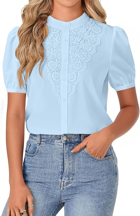 Rooscier Women's Puff Short Sleeve Blouse Lace Mock Neck Button Down Dressy Shirt Top | Amazon (US)