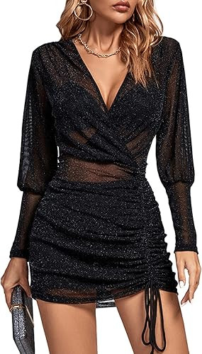 Rooscier Women's Sheer Mesh Glitter Wrap V Neck Long Sleeve Ruched Drawstring Bodycon Mini Dress | Amazon (US)