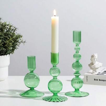 Green Glass Candle Holder: Set Of 3 Candle Stick Holders For Taper Candlesticks Modern Candle Holders For Candlesticks Unique Tapered Candlestick Hold | SHEIN