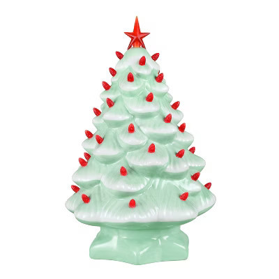 14 in. Nostalgic Ceramic Tree - Seafoam with Red Bulbs | Target