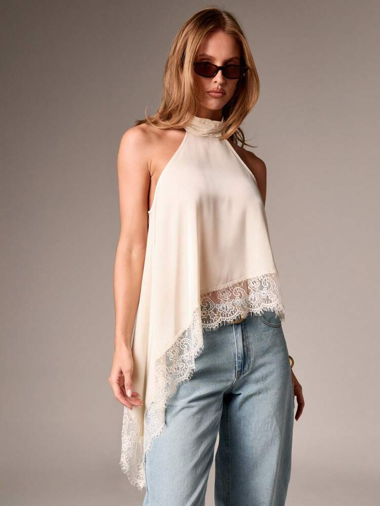 AiiRZ Elegant Halter Neck Asymmetric Top With Delicate Lace Trim Sleeveless Blouse Summer Wedding Guest Party Evening Wear | SHEIN