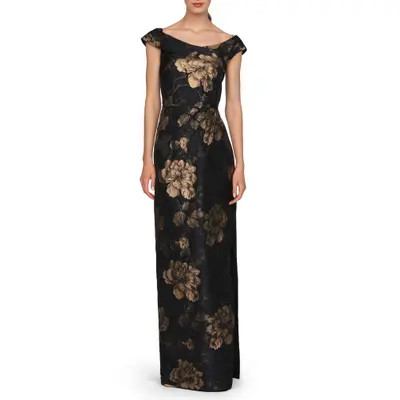 Kay Unger Myla Metallic Floral Jacquard Column Gown in Dk Twilight at Nordstrom, Size 8 | Nordstrom