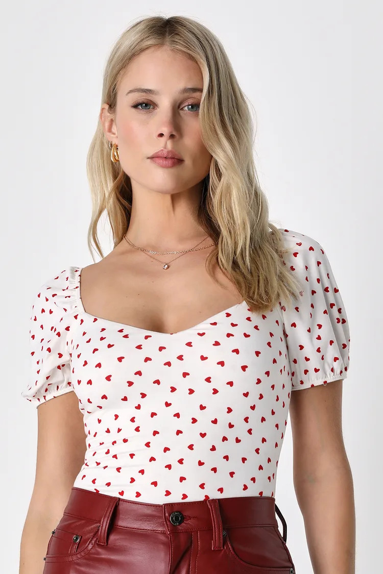 Forever Your Crush Ivory Heart Print Puff Sleeve Bodysuit | Lulus (US)