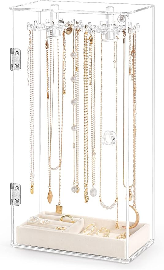 Necklace Holder, Acrylic Jewelry Organizer with 24 Hooks, Rotation Clear Necklaces Pendant Displa... | Amazon (US)