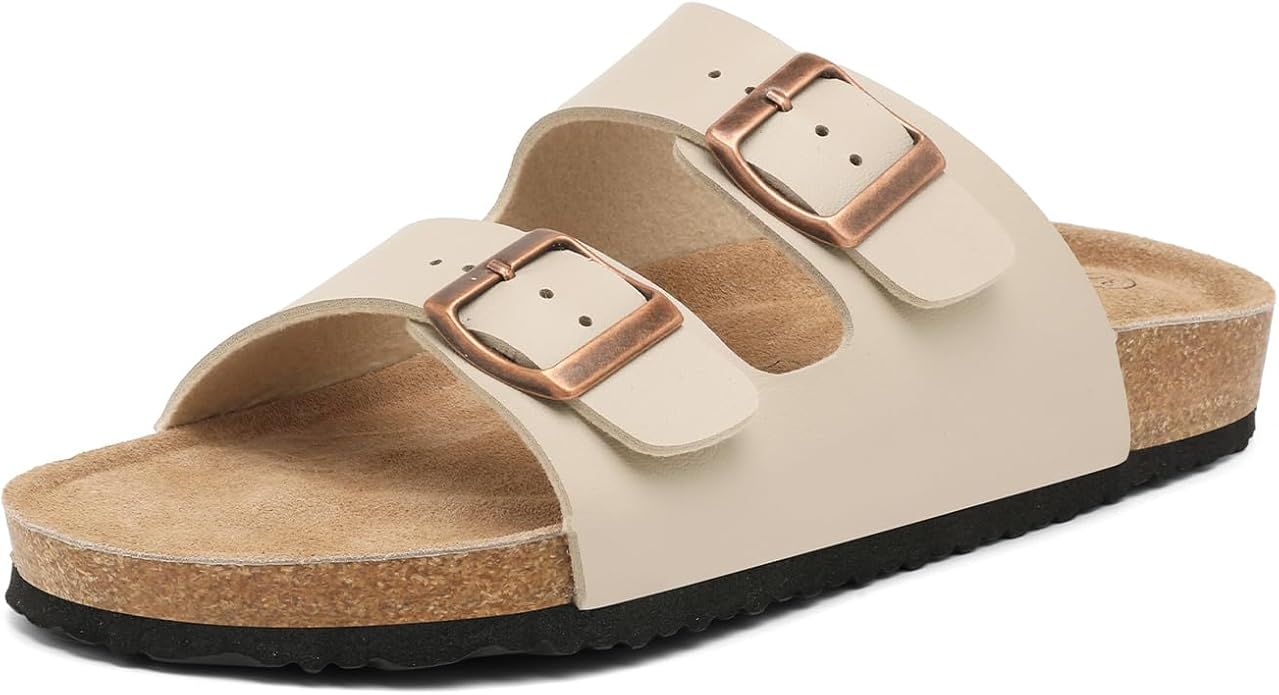 Genuine Leather Unisex Cork Footed Flat Slide Sandals with Arch Support, Men and Women’s Double... | Amazon (US)