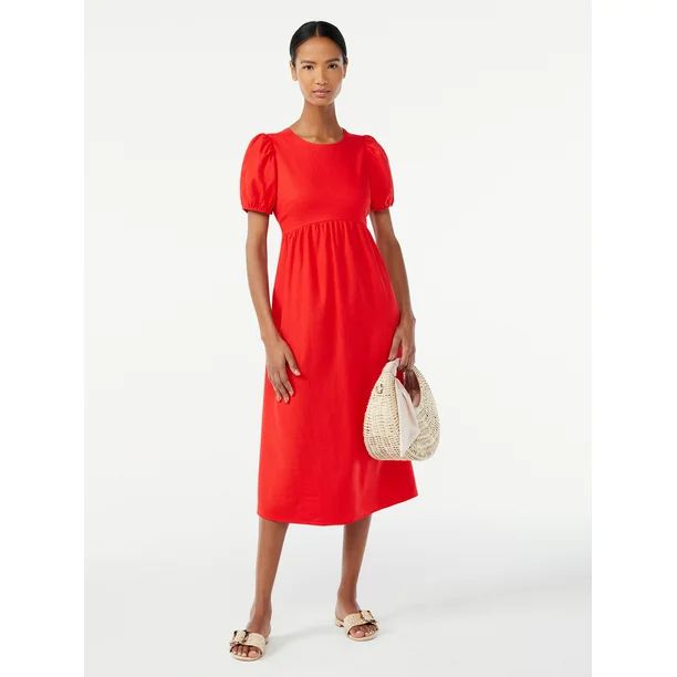 Scoop Women's Bow Back Midi Dress with Puff Sleeves - Walmart.com | Walmart (US)
