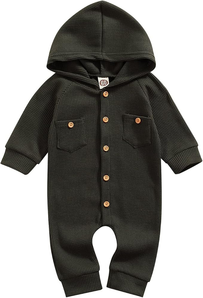 Ynibbim Winter Newborn Baby Boy Girl Solid Romper Unisex Infants Hooded Outfit Clothes Waffle Cot... | Amazon (US)