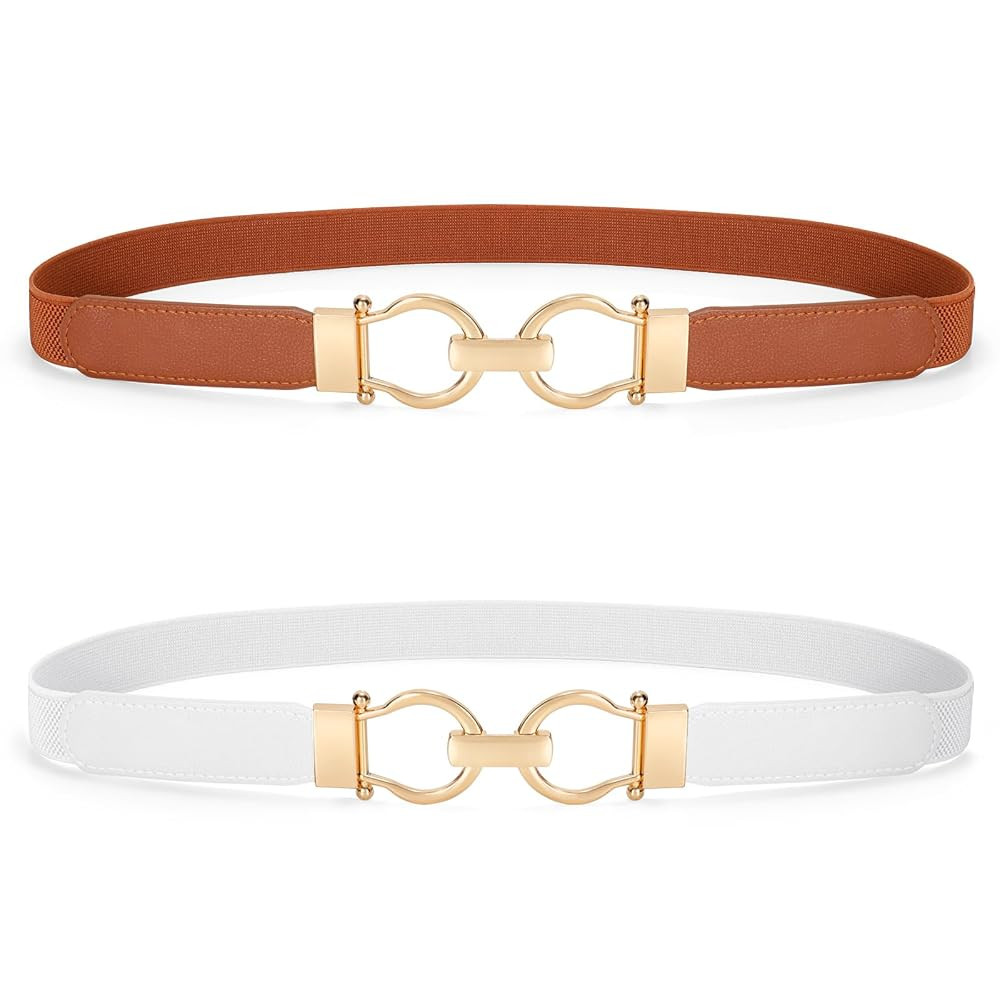WHIPPY 2 Pack Skinny Elastic Belts for Women Thin Stretchy Waist Belt for Dresses with Gold Buckl... | Amazon (US)