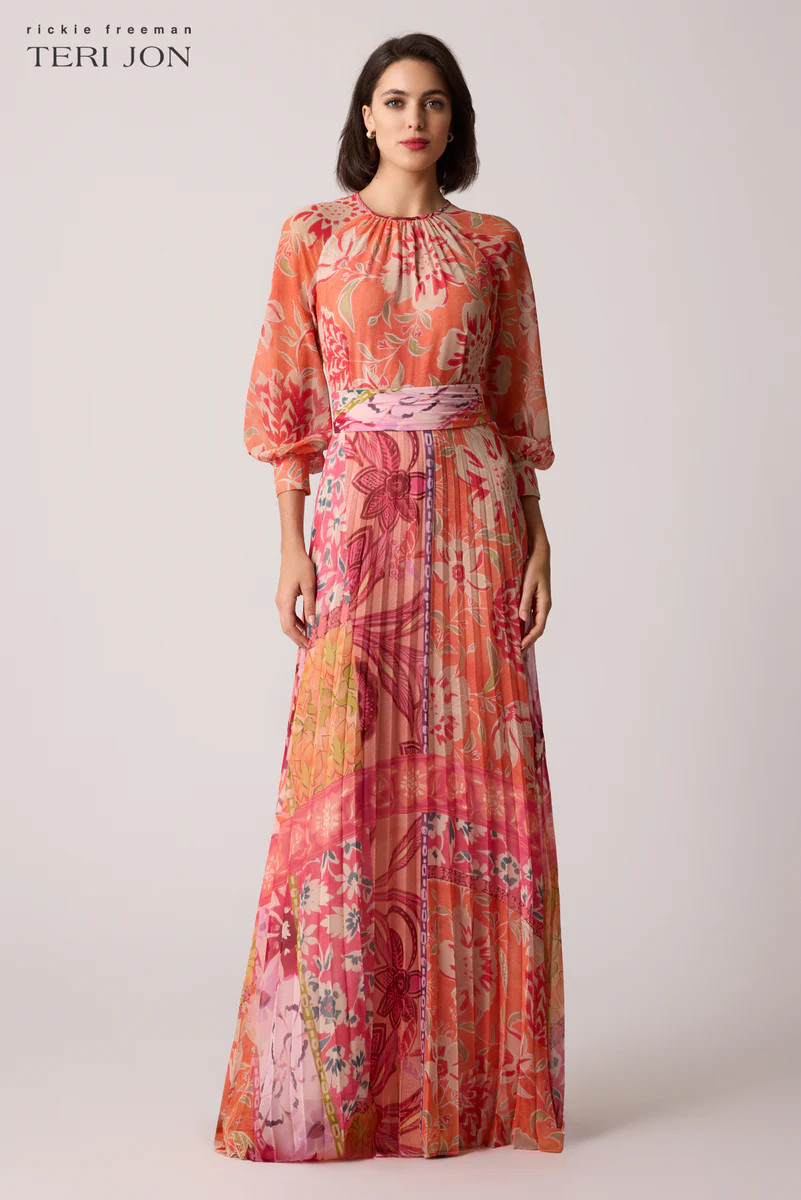 Chiffon Floral Geometric Pleated Maxi Gown | TERIJON