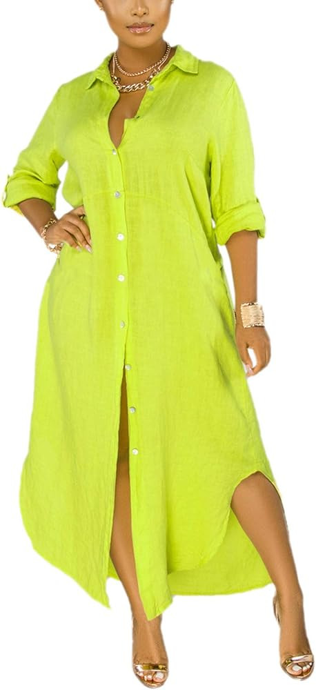Chatinction Women Solid Color 3/4 Rolled-Up Sleeve Dress Sexy Buttons Down Side Slit Shirts Maxi ... | Amazon (US)