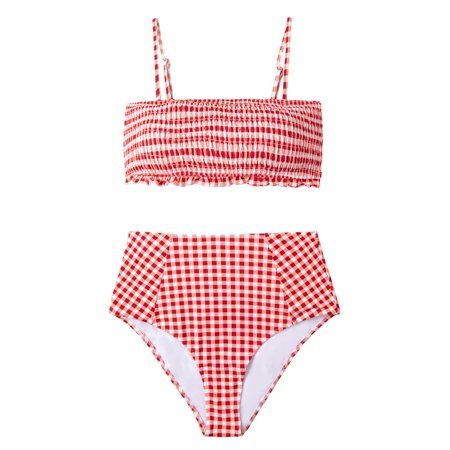 Cupshe Women s Red Gingham Smocked High Waisted Two Piece Bikini Swimsuit Set Bandeau Top | Walmart (US)