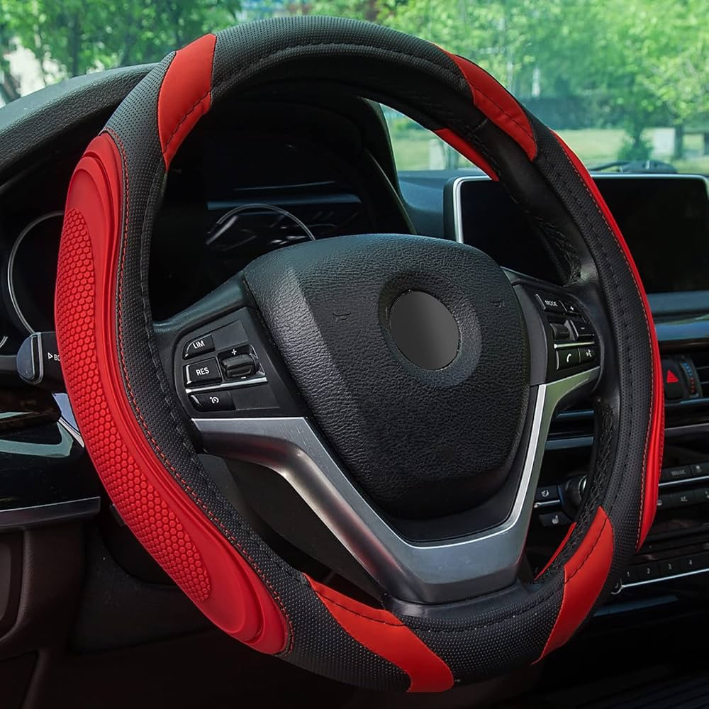 XCBYT Steering Wheel Cover - 14.5-15 Inch Black Red Car Leather Steering Wheel Cover Sports Fan D... | Amazon (US)