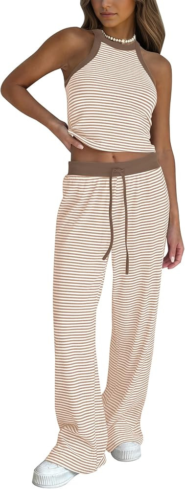 Meladyan Women's Summer 2 Piece Lounge Set Striped Tank Top Drawstring Wide Leg Pant Matching Set... | Amazon (US)