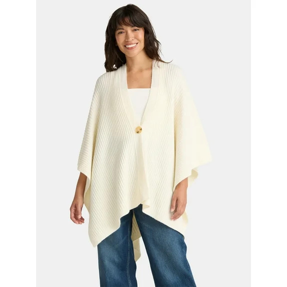 Time and Tru Women's Rib Knit Fashion Coverup with Button, One Size, Ivory | Walmart (US)