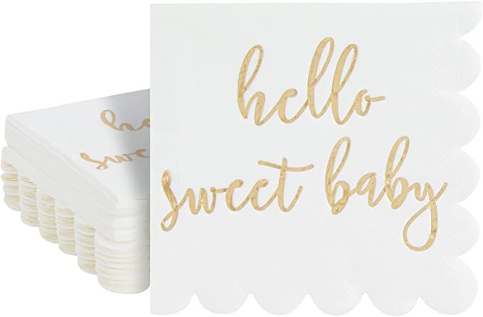 50 Pack White Scalloped Baby Shower Napkins for Girl or Boy, Gold Foil Hello Sweet Baby Decoratio... | Amazon (US)