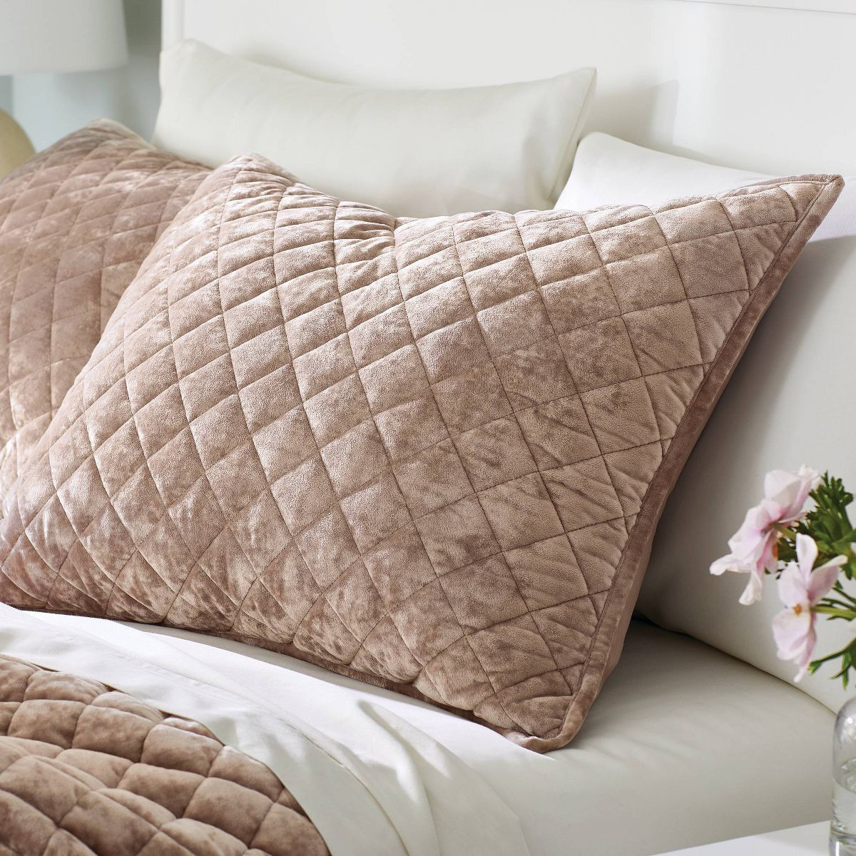 Standard Luxe Diamond Stitch Velvet Quilt Pillow Sham Light Brown - Threshold\u2122: Recycled Pol... | Target