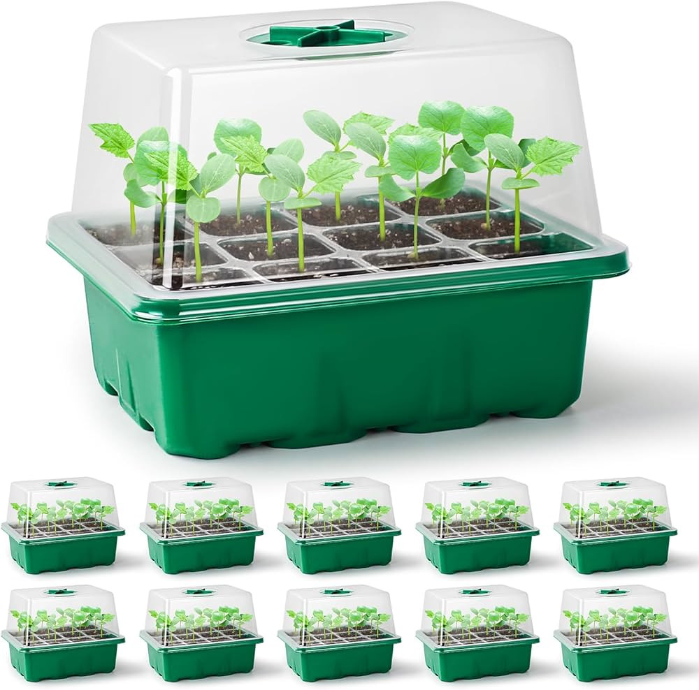 Bonviee 10 Packs Seed Starter Tray with Elevated Lid, 120 Cells Thicken Seed Starting Trays Kit w... | Amazon (US)