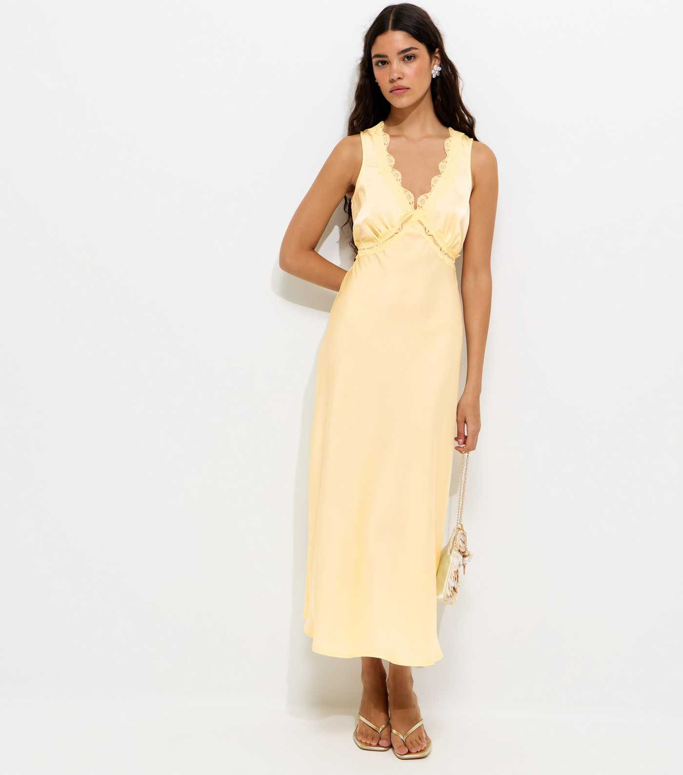 Yellow Satin Lace Trimmed V-Neck Midi Dress | New Look | New Look (UK)