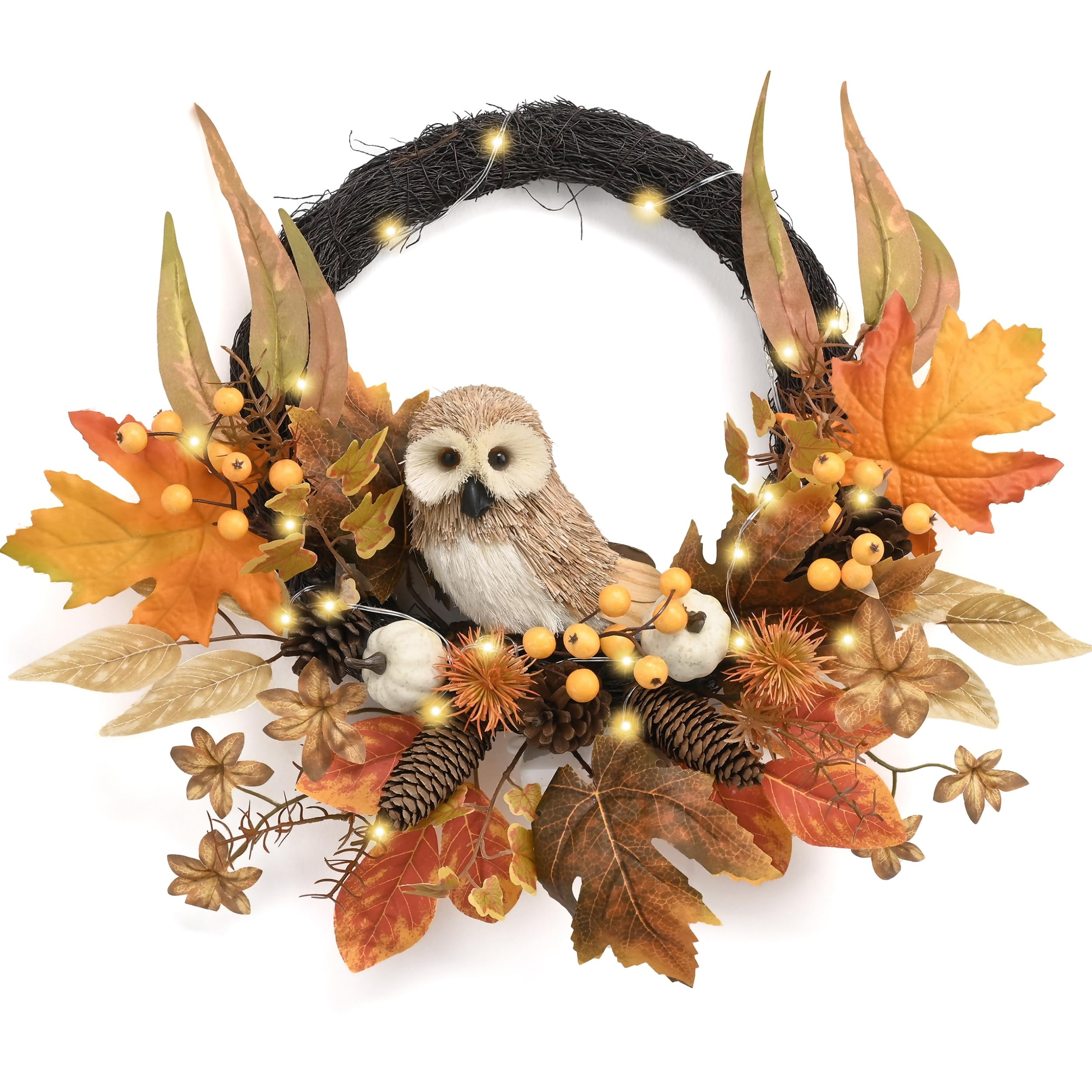 Valery Madelyn Fall Wreaths for Front Door Outside, 18'' Fall Door Wreath with Lights Cute Owl fo... | Amazon (US)