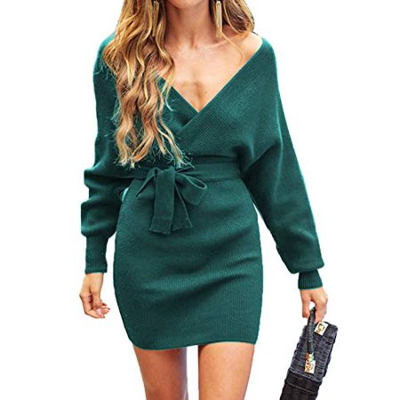 ZESICA Women's Long Batwing Sleeve Wrap V Neck Knitted Backless Bodycon Pullover Sweater Dress with  | Walmart (US)