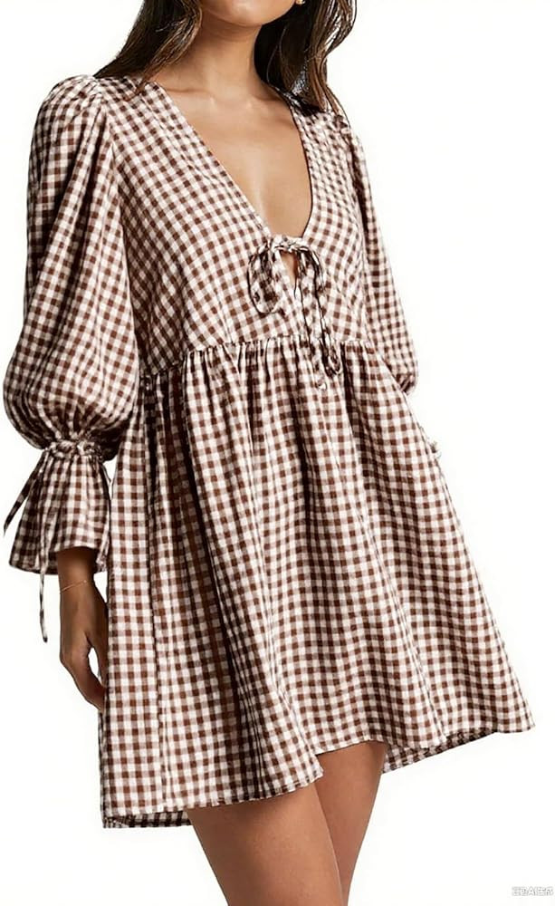 Women Y2k Gingham Tie Front Babydoll Mini Dress Plaid Ruffle Flowy Puff Long Sleeve V Neck Peplum... | Amazon (US)