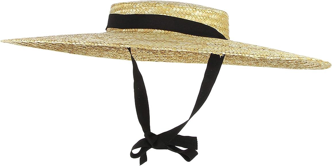 GEMVIE Women Ladies Vintage Wide Brim Boater Straw Hat Elegant Flat Top Floppy Derby Sun Hat Beac... | Amazon (UK)