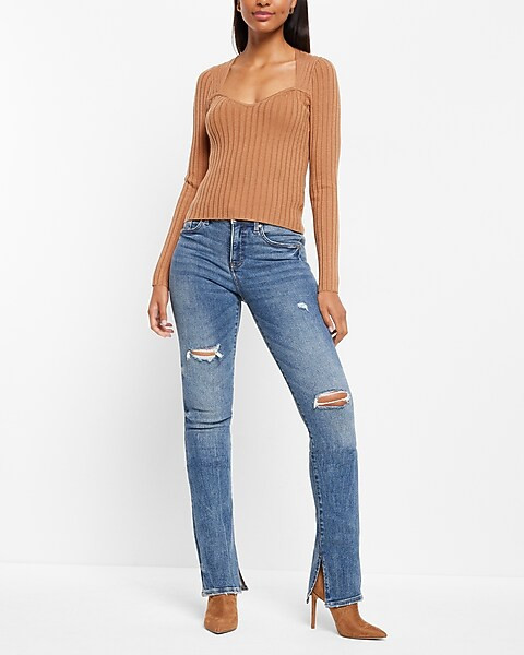 Ribbed Fitted Sweetheart Neckline Sweater | Express