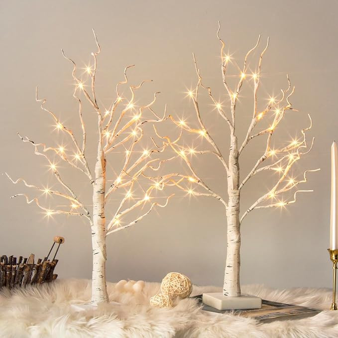 Vanthylit White Birch Tree with LED Lights - Set of 2, Tabletop Tree with Timer, Christmas Decora... | Amazon (US)