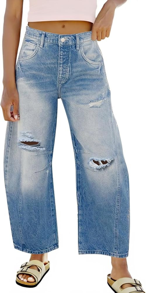 Tankaneo Womens Ripped Barrel Jeans Baggy Boyfriend Horseshoe Mid Rise Wide Leg Vintage Cropped D... | Amazon (US)